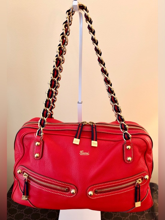 Gucci Handbags - Gucci Red Leather Shoulder Bag with Gold-Tone Chain Straps